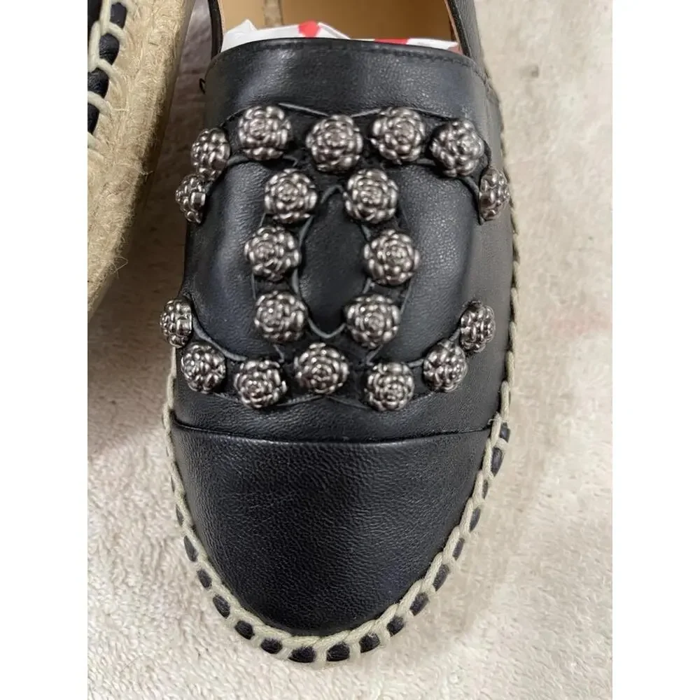 Chanel CC Camellia Studded Lambskin Leather Espadrilles size 35 US 5 (san100